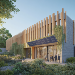 Façade moderne d’un bâtiment en architecture contemporaine intégrant des matériaux écologiques comme le bambou et le liège, entouré de végétation luxuriante et équipé de panneaux solaires.
