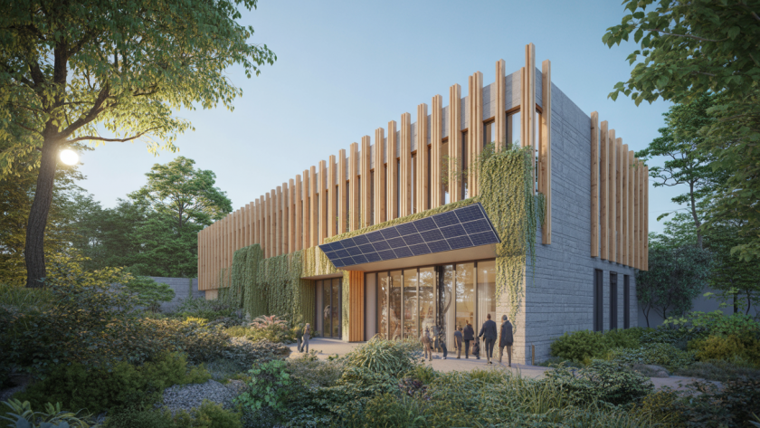 Façade moderne d’un bâtiment en architecture contemporaine intégrant des matériaux écologiques comme le bambou et le liège, entouré de végétation luxuriante et équipé de panneaux solaires.