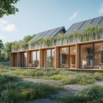 Bâtiment contemporain écologique intégrant matériaux durables comme le bambou et le liège, avec végétalisation, grandes baies vitrées et panneaux solaires sous un ciel bleu clair