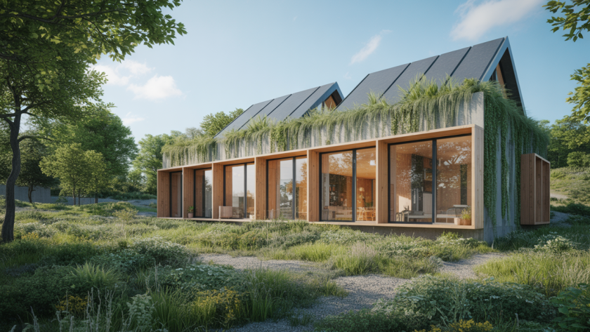 Bâtiment contemporain écologique intégrant matériaux durables comme le bambou et le liège, avec végétalisation, grandes baies vitrées et panneaux solaires sous un ciel bleu clair