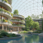 Vue d’architecture futuriste en 2025 intégrant des jardins suspendus, dômes végétalisés et matériaux naturels durables dans un environnement urbain innovant