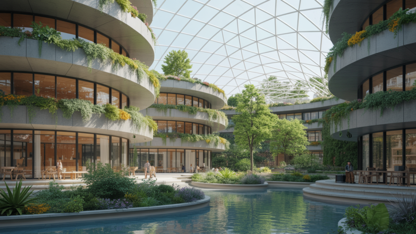 Vue d’architecture futuriste en 2025 intégrant des jardins suspendus, dômes végétalisés et matériaux naturels durables dans un environnement urbain innovant