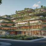 Immeuble architectural futuriste en 2025 intégrant végétation luxuriante, technologies innovantes et matériaux durables dans un environnement urbain harmonieux