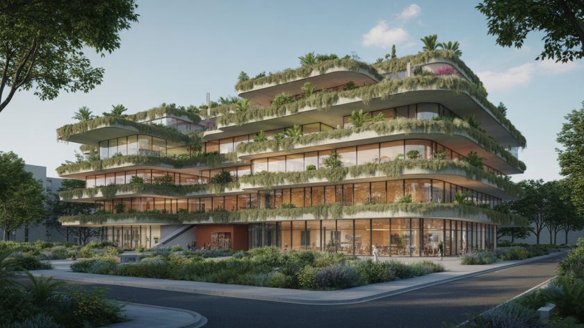 Immeuble architectural futuriste en 2025 intégrant végétation luxuriante, technologies innovantes et matériaux durables dans un environnement urbain harmonieux