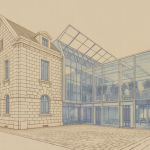 Bâtiment historique en pierre intégrant une extension moderne en verre et acier, avec des éléments durables comme des panneaux solaires et des espaces verts sur le toit dans un environnement urbain harmonieux