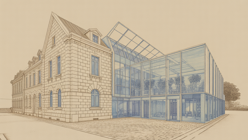 Bâtiment historique en pierre intégrant une extension moderne en verre et acier, avec des éléments durables comme des panneaux solaires et des espaces verts sur le toit dans un environnement urbain harmonieux