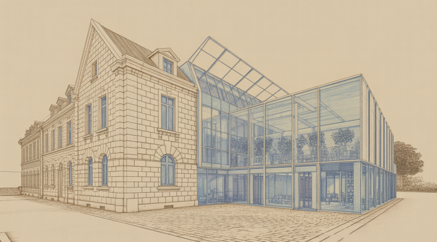 Bâtiment historique en pierre intégrant une extension moderne en verre et acier, avec des éléments durables comme des panneaux solaires et des espaces verts sur le toit dans un environnement urbain harmonieux