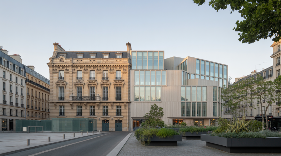 Façade d'un bâtiment historique rénové intégrant des éléments modernes en verre et acier, avec des espaces verts et éclairage naturel doux