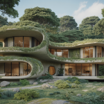 Vue d'une maison en architecture organique avec des formes naturelles et des matériaux biosourcés, parfaitement intégrée dans son environnement naturel