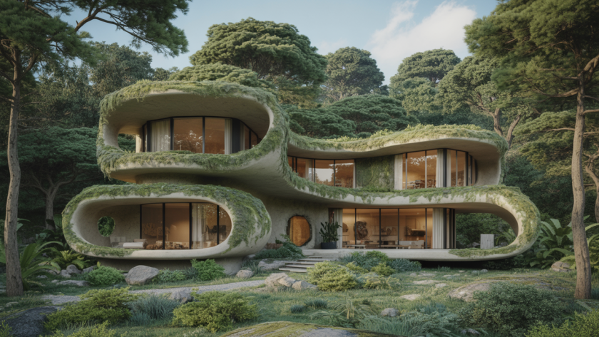 Vue d'une maison en architecture organique avec des formes naturelles et des matériaux biosourcés, parfaitement intégrée dans son environnement naturel