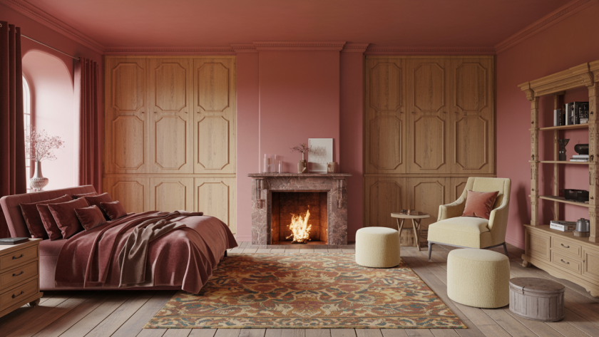 Intérieur déco château-core : ambiance chaleureuse avec bois foncé, meubles rustiques et détails médiévaux, palette automnale riche