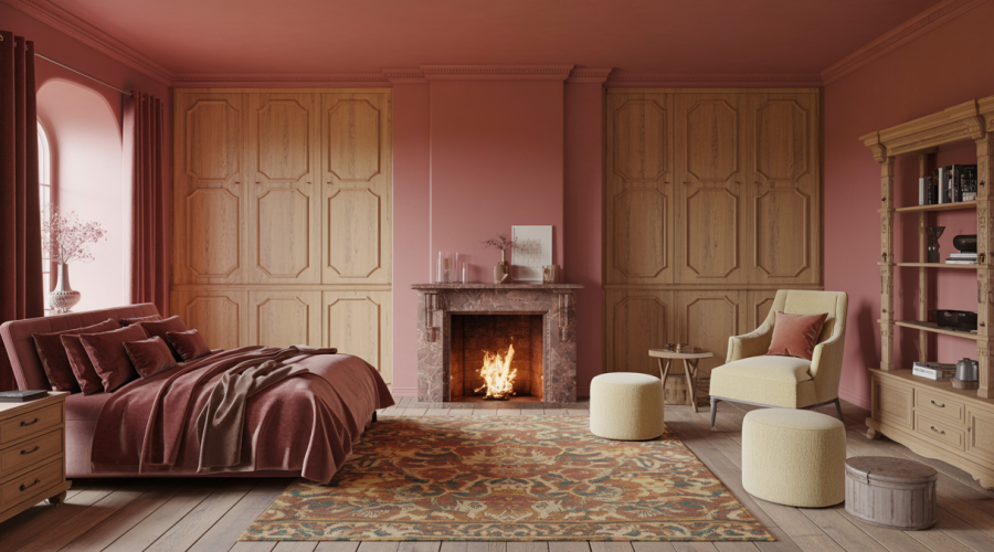 Intérieur déco château-core : ambiance chaleureuse avec bois foncé, meubles rustiques et détails médiévaux, palette automnale riche