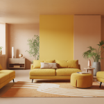 Une pièce intérieure lumineuse décorée avec différentes nuances de jaune ocre et jaune citron, mobilier rétro et éléments naturels