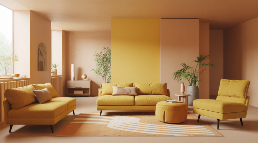 Une pièce intérieure lumineuse décorée avec différentes nuances de jaune ocre et jaune citron, mobilier rétro et éléments naturels