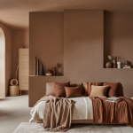 Intérieur moderne chaleureux avec décoration en Mocha Mousse, couleur Pantone 2025, intégrant bois naturel, textures riches et lumière douce