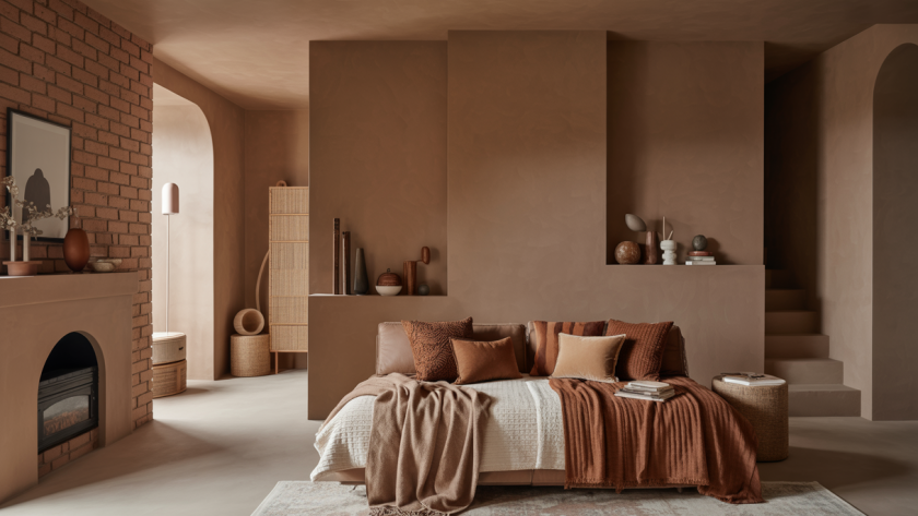 Intérieur moderne chaleureux avec décoration en Mocha Mousse, couleur Pantone 2025, intégrant bois naturel, textures riches et lumière douce