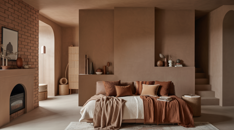 Intérieur moderne chaleureux avec décoration en Mocha Mousse, couleur Pantone 2025, intégrant bois naturel, textures riches et lumière douce