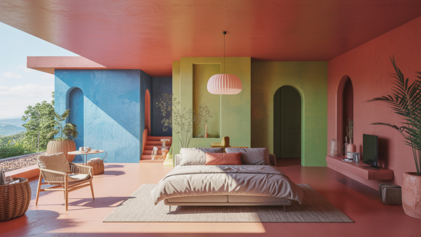 Intérieur moderne avec pièces entièrement colorées en bleu azur, vert menthe, rouge rubis et terracotta, décor audacieux et immersif tendance 2025