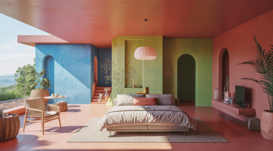 Intérieur moderne avec pièces entièrement colorées en bleu azur, vert menthe, rouge rubis et terracotta, décor audacieux et immersif tendance 2025