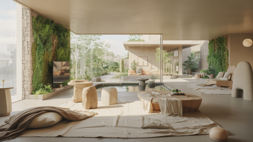 Intérieur moderne biophilique en 2025 avec murs végétalisés, grandes fenêtres laissant entrer une lumière naturelle douce, meubles en bois brut et textures naturelles