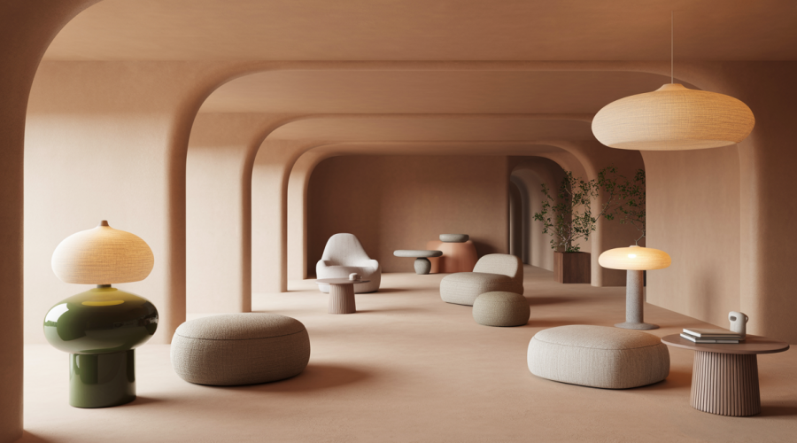 Intérieur design moderne en 2025 avec éclairage chaleureux et mobilier inclusif, ambiance cocooning et bien-être