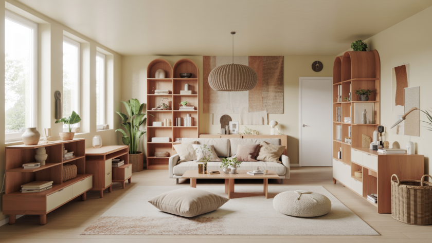 Intérieur familial moderne modulable combinant confort et esthétique avec mobilier modulable, espace lumineux et chaleureux