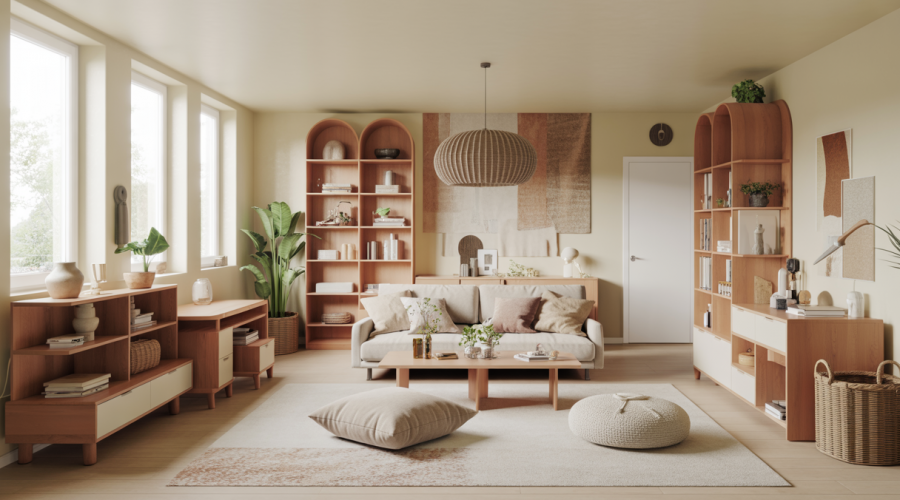 Intérieur familial moderne modulable combinant confort et esthétique avec mobilier modulable, espace lumineux et chaleureux