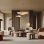 Intérieur résidentiel contemporain de luxe en 2025 avec mobilier sur mesure, matériaux nobles et innovations design sophistiquées
