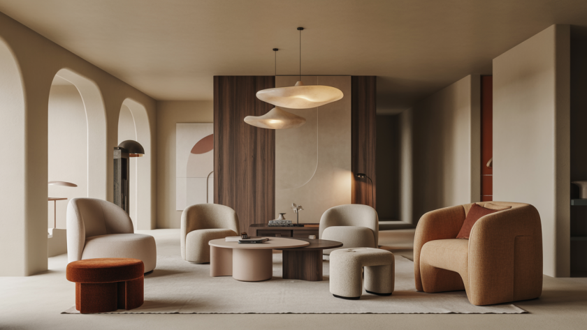 Intérieur résidentiel contemporain de luxe en 2025 avec mobilier sur mesure, matériaux nobles et innovations design sophistiquées