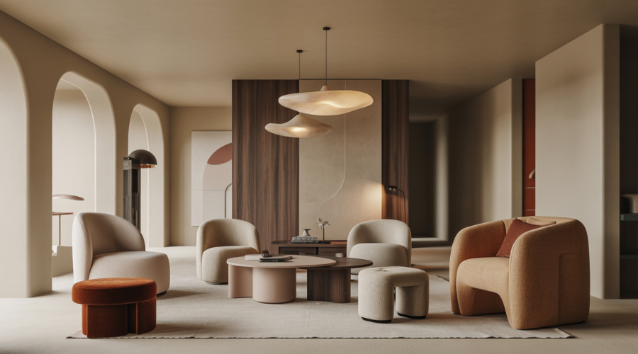 Intérieur résidentiel contemporain de luxe en 2025 avec mobilier sur mesure, matériaux nobles et innovations design sophistiquées