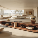 Intérieur résidentiel de luxe contemporain en 2025 avec mobilier sur-mesure en bois noble, matériaux raffinés et design innovant