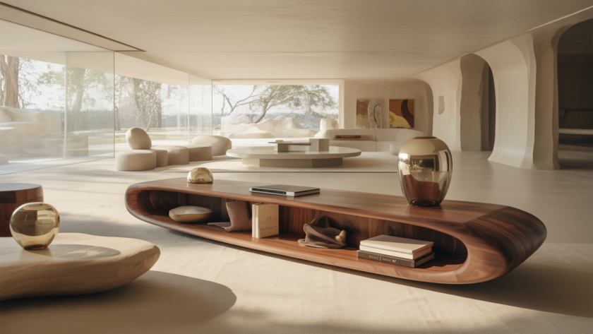 Intérieur résidentiel de luxe contemporain en 2025 avec mobilier sur-mesure en bois noble, matériaux raffinés et design innovant