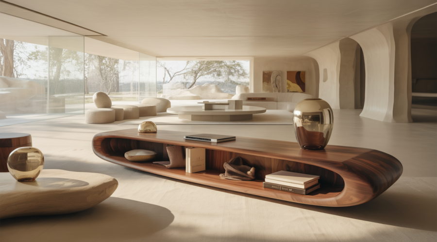 Intérieur résidentiel de luxe contemporain en 2025 avec mobilier sur-mesure en bois noble, matériaux raffinés et design innovant