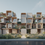 Un habitat contemporain modulaire doté de technologies numériques, illustrant la fusion entre durabilité, flexibilité et innovation architecturale en 2025.