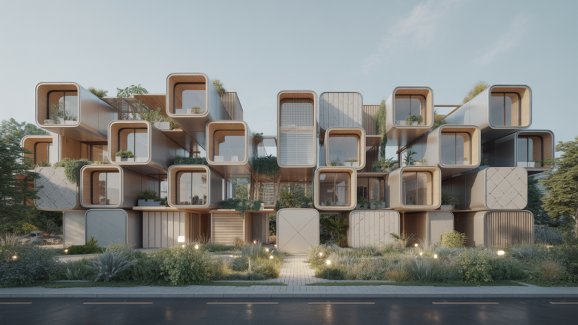 Un habitat contemporain modulaire doté de technologies numériques, illustrant la fusion entre durabilité, flexibilité et innovation architecturale en 2025.