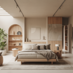 Une pièce moderne avec design organique, lumineuse, et matériaux écoresponsables, offrant un espace inspirant et naturel.