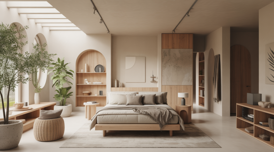 Une pièce moderne avec design organique, lumineuse, et matériaux écoresponsables, offrant un espace inspirant et naturel.