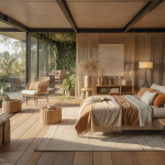 Intérieur luxueux d'une résidence écologique alliant design sophistiqué et matériaux durables comme bois certifié et textiles biologiques, avec vue sur un paysage naturel préservé