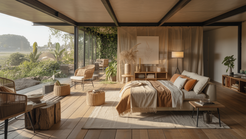 Intérieur luxueux d'une résidence écologique alliant design sophistiqué et matériaux durables comme bois certifié et textiles biologiques, avec vue sur un paysage naturel préservé