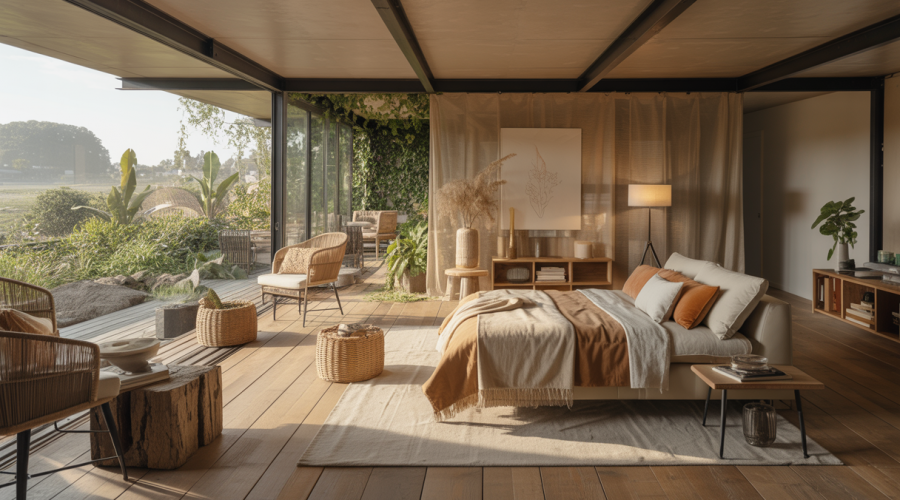 Intérieur luxueux d'une résidence écologique alliant design sophistiqué et matériaux durables comme bois certifié et textiles biologiques, avec vue sur un paysage naturel préservé