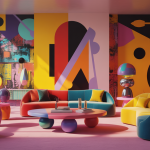 Intérieur moderne avec décoration style Memphis 2025, featuring couleurs vives, formes géométriques audacieuses et motifs excentriques