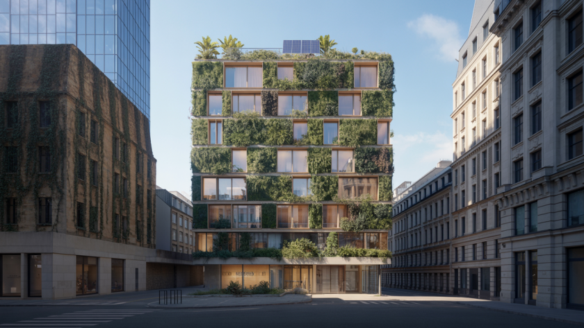 Architecture contemporaine intégrant innovation, matériaux écologiques comme bambou et bois, et durabilité, transformant des espaces urbains et patrimoniaux avec façades végétalisées et structures modernes