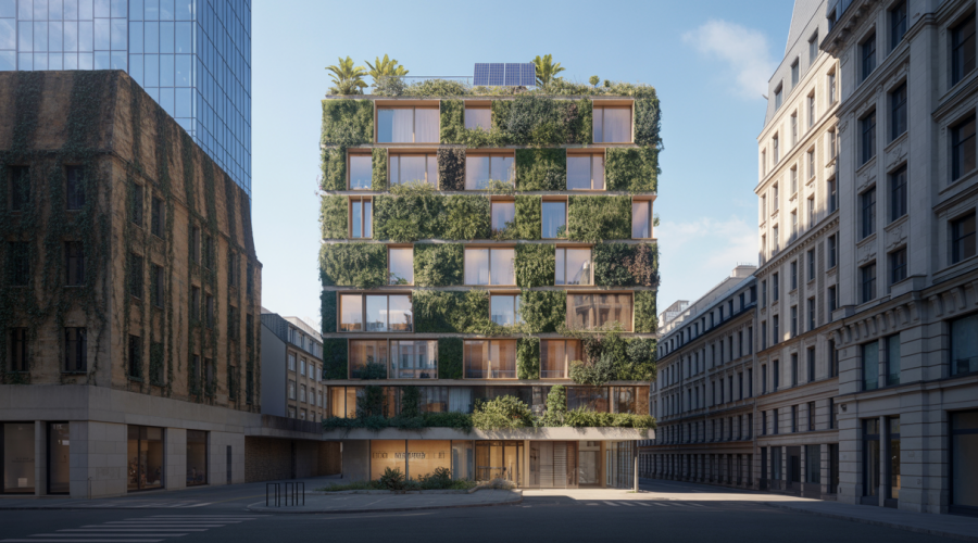 Architecture contemporaine intégrant innovation, matériaux écologiques comme bambou et bois, et durabilité, transformant des espaces urbains et patrimoniaux avec façades végétalisées et structures modernes