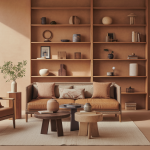 Salon chaleureux automne 2025 avec mobilier en bois riche et décor aux teintes terreuses, ambiance naturelle et élégante Studio McGee