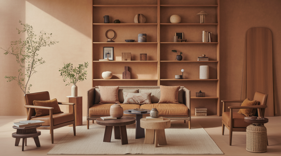 Salon chaleureux automne 2025 avec mobilier en bois riche et décor aux teintes terreuses, ambiance naturelle et élégante Studio McGee