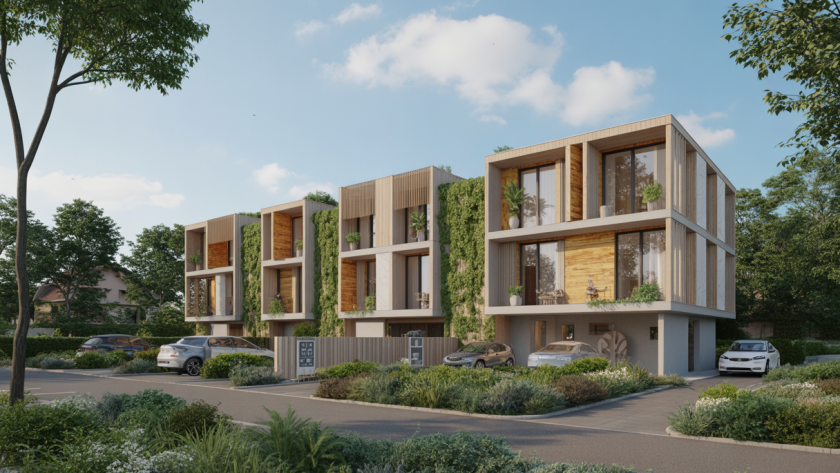 Illustration futuriste d'un habitat résidentiel durable en 2025, combinant modularité, matériaux écologiques et intégration technologique avancée dans un cadre naturel et connecté