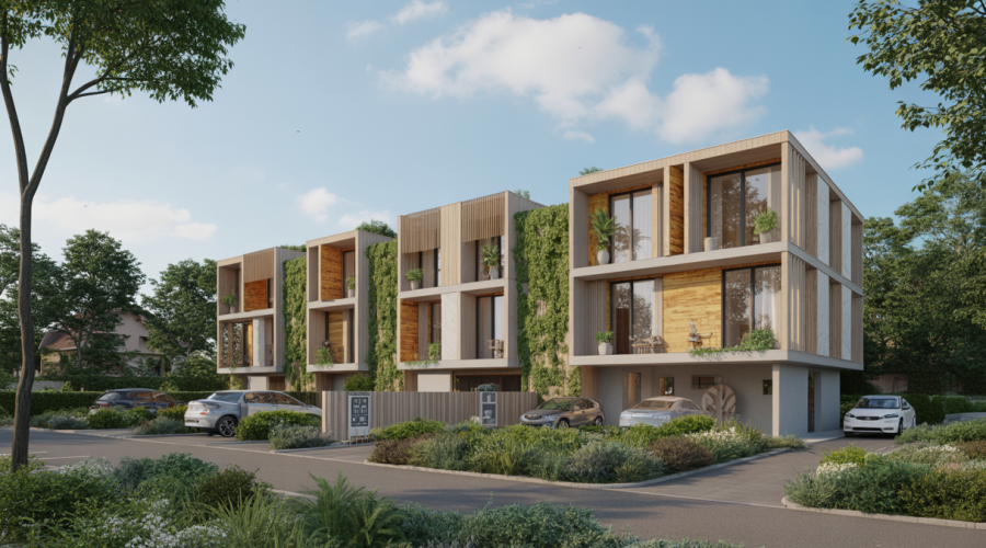 Illustration futuriste d'un habitat résidentiel durable en 2025, combinant modularité, matériaux écologiques et intégration technologique avancée dans un cadre naturel et connecté