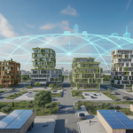 Illustration futuriste d’un habitat urbain modulable et écologique intégrant des technologies numériques avancées dans un environnement durable.