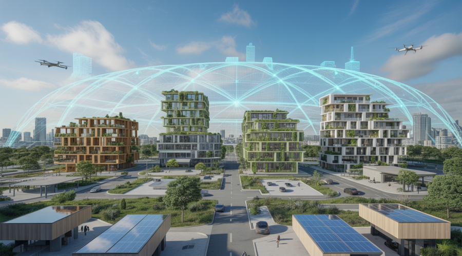 Illustration futuriste d’un habitat urbain modulable et écologique intégrant des technologies numériques avancées dans un environnement durable.