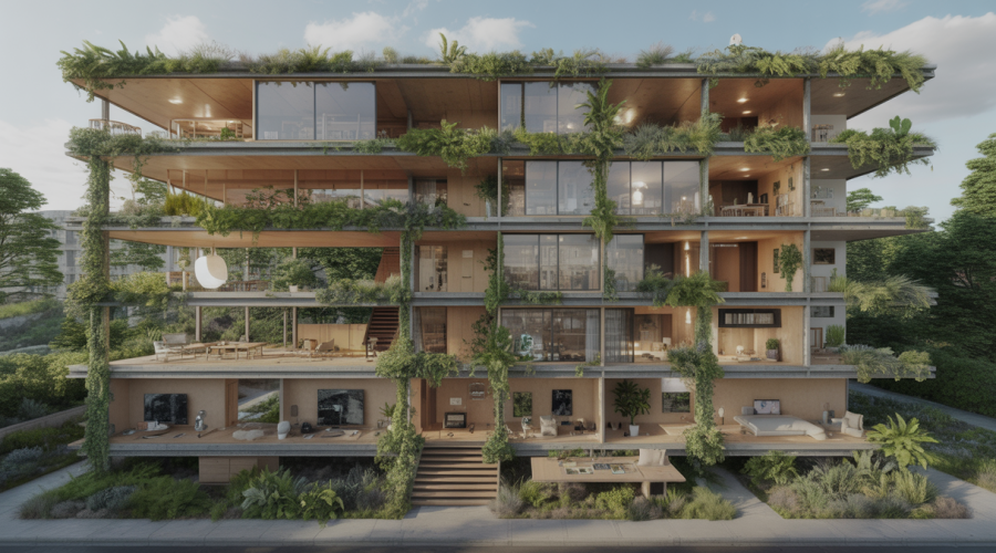 Espace de vie moderne et innovant en 2025 avec architecture durable, modulaire et technologies intégrées